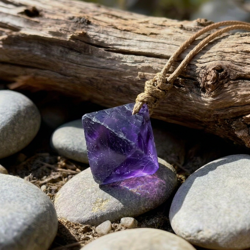 Corded Rope Amethyst Cube Necklace