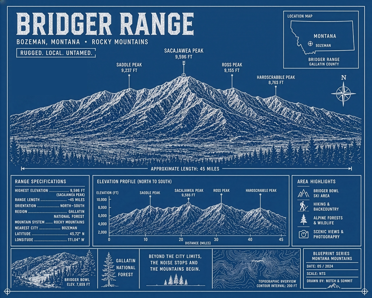 Bridger Mountains Blueprint Poster 16"x20"